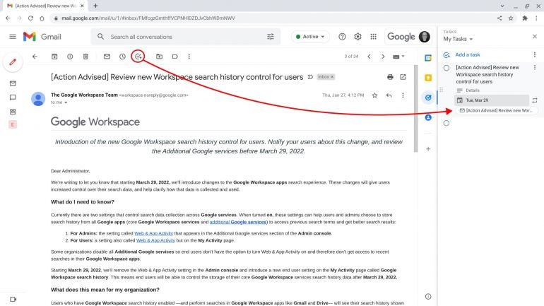 Screenshot of an email open in Gmail, with the “Add to tasks” button circled, and a line to the right side panel where the new task has been created and linked back to the email.