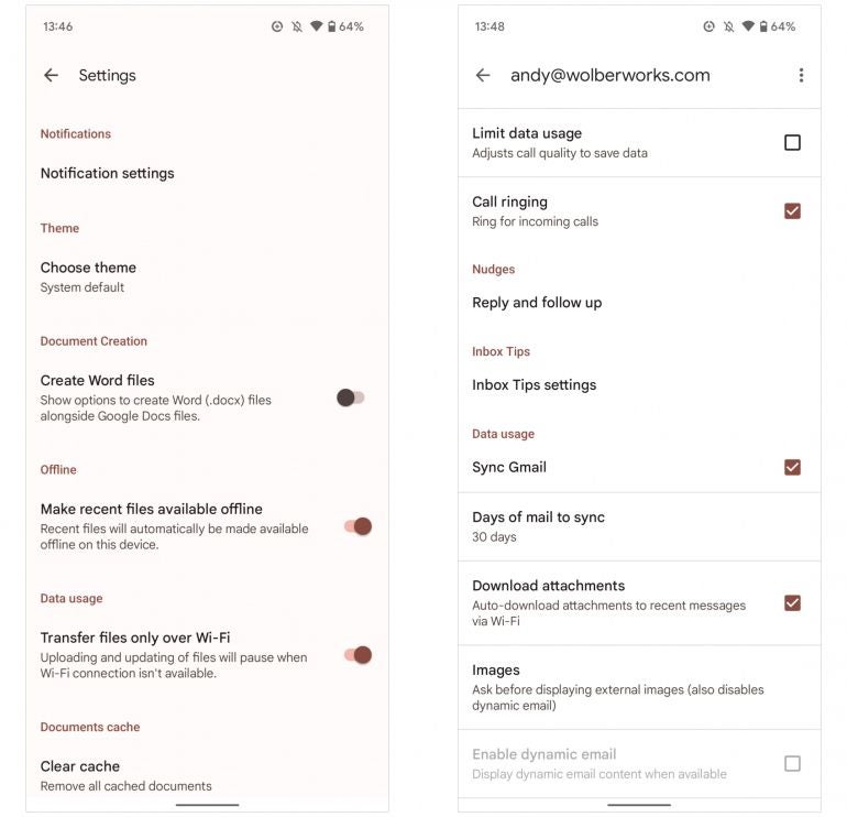 Screenshots: (left) Google Docs with Make recent files available offline selected, and (right) Gmail, with Sync Gmail selected and Days of mail to sync set to 30 days.