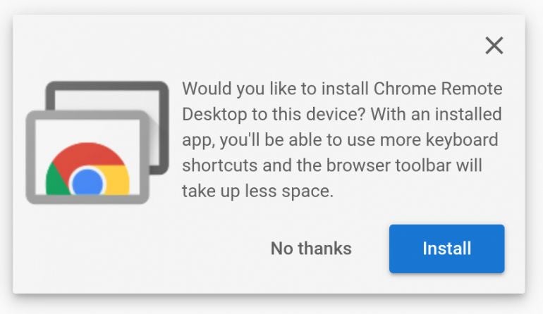 The install prompt for Chrome Remote Desktop.