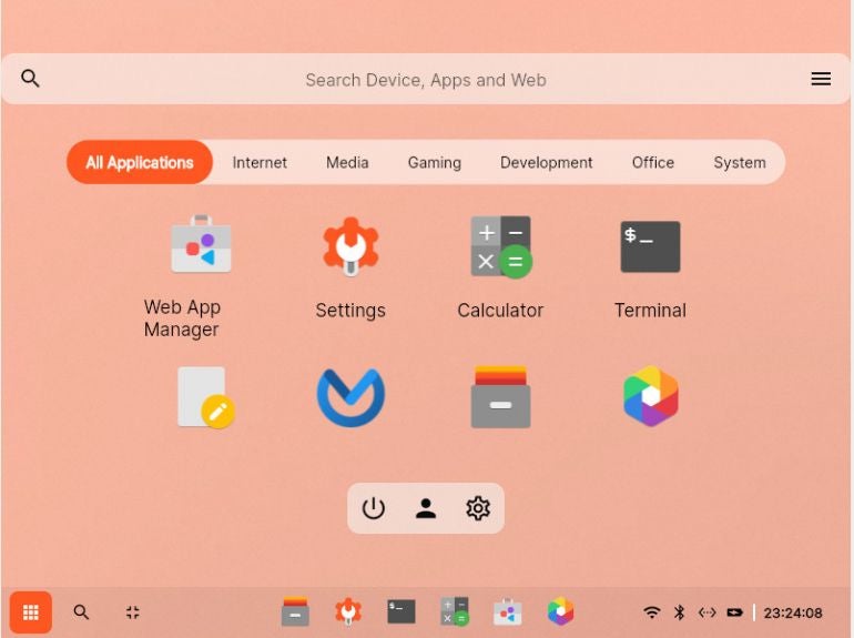 The Dahlia OS "app drawer" allows you to open apps, search, manage users, power off the device, and open the Settings app.