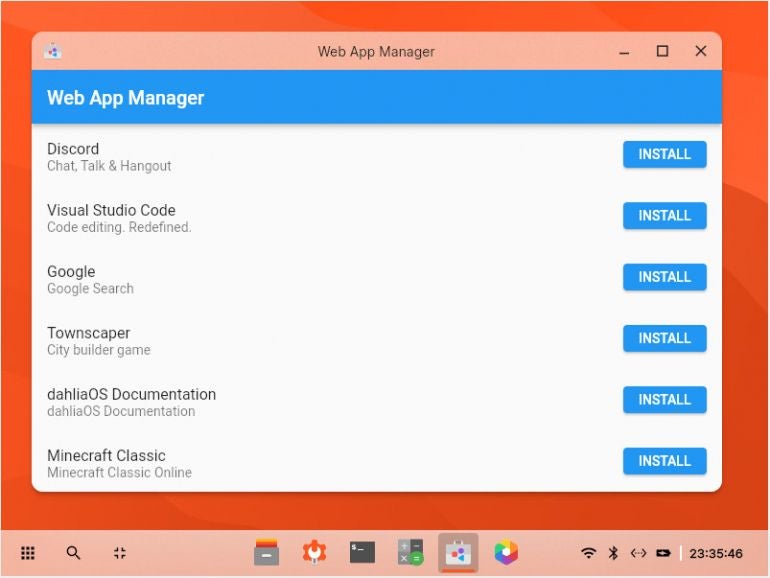 The Dahlia OS Web App Manager is ready to install some apps for you.