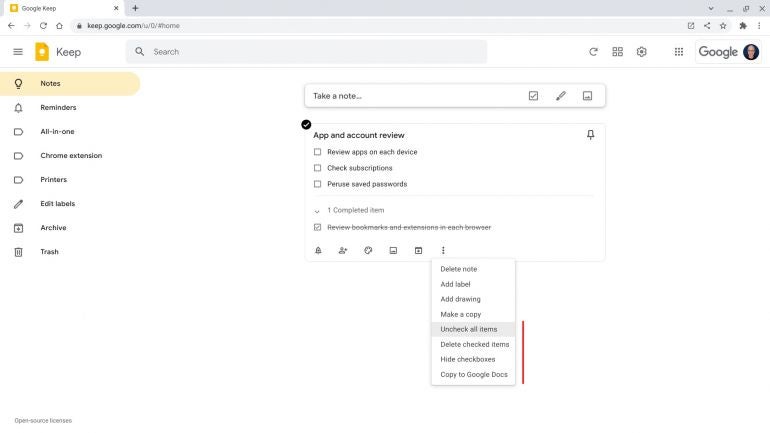 Screenshot of a Google Keep note with three checkbox items, and one marked complete. The “more” menu is open, with a red line next two four options: Uncheck all items, Delete checked items, Hide checkboxes, and Copy to Google Docs.