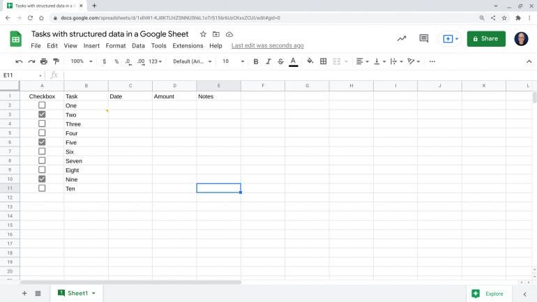 Screenshot of a Google Sheet with several tasks listed in rows 2 through 11. Checkboxes are in column A, with boxes in row 3, 6 and 10 checked. Column headings (A-E): Checkbox, Task, Date, Amount, Notes.