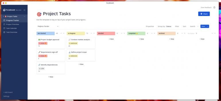 My first Focalboard kanban board is ready to go.