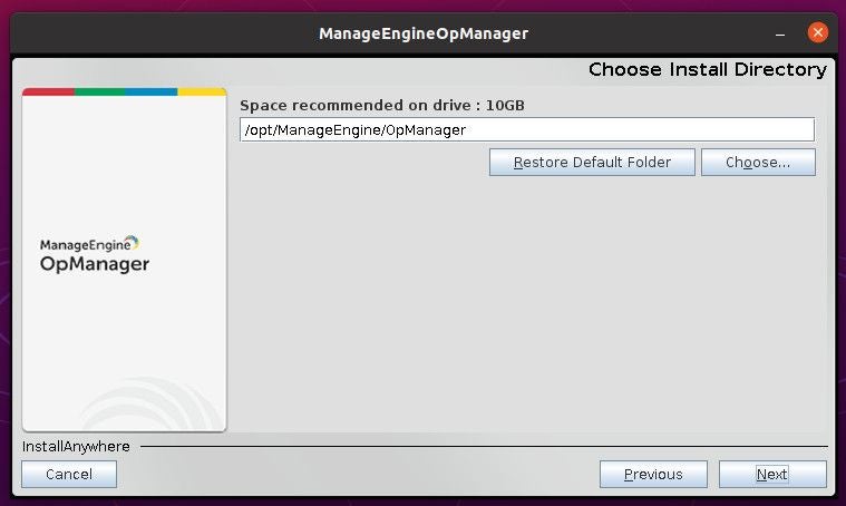 Select a default folder for the OpManager installation.