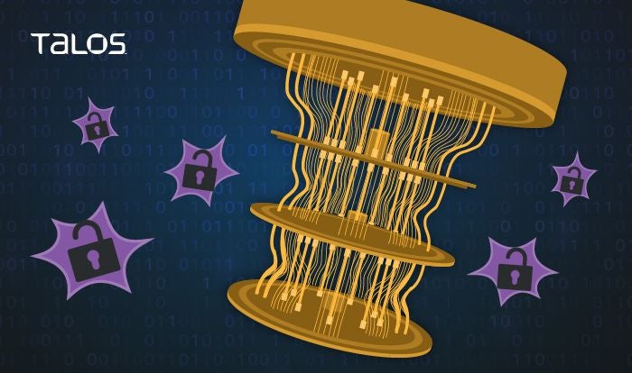 Gold computing rendering with locks in purple backgrounds.