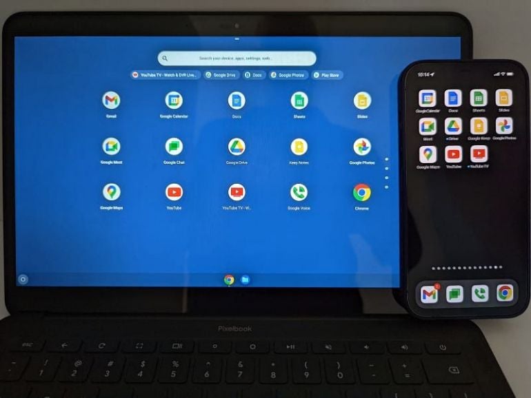 Screenshot that shows a Pixelbook Go (apps displayed: Gmail, Calendar, Docs, Sheets, Slides, Meet, Chat, Drive, Keep, Photos, Maps, YouTube, YouTube TV, Voice and Chrome) and iPhone (apps displayed: Calendar, Docs, Sheets, Slides, Meet, Drive, Keep, Photos, Maps, YouTube, YouTube TV, Gmail, Chat, Voice and Chrome.)