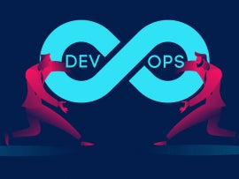 Devops concept business illustration in red and blue neon gradients.