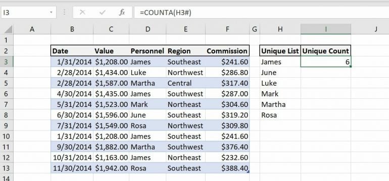 Excel’s COUNTA() returns the number of items in the array list in column H.