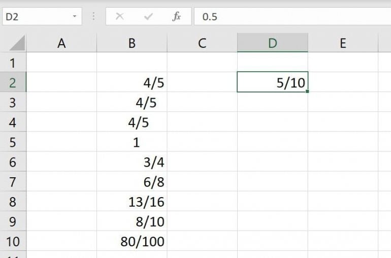 Excel displays the 5/10 fraction as entered without converting.