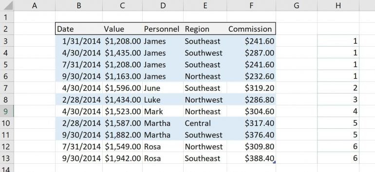 The Excel rule highlights odd-numbered groups. (See the values in column H.)