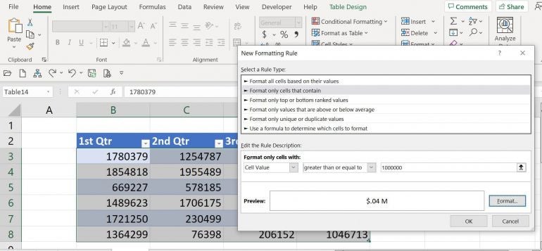 Set Excel’s custom millions format to this data set.