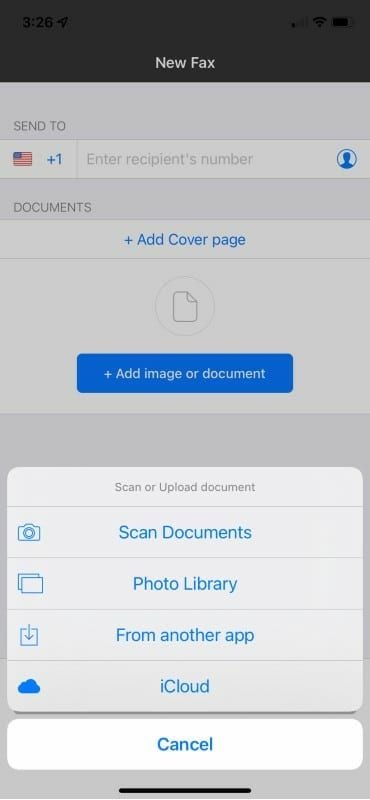Several options are available for faxing a document, including using the iPhone’s camera to scan the actual pages, loading the file from another app or locating the document within your iCloud account.