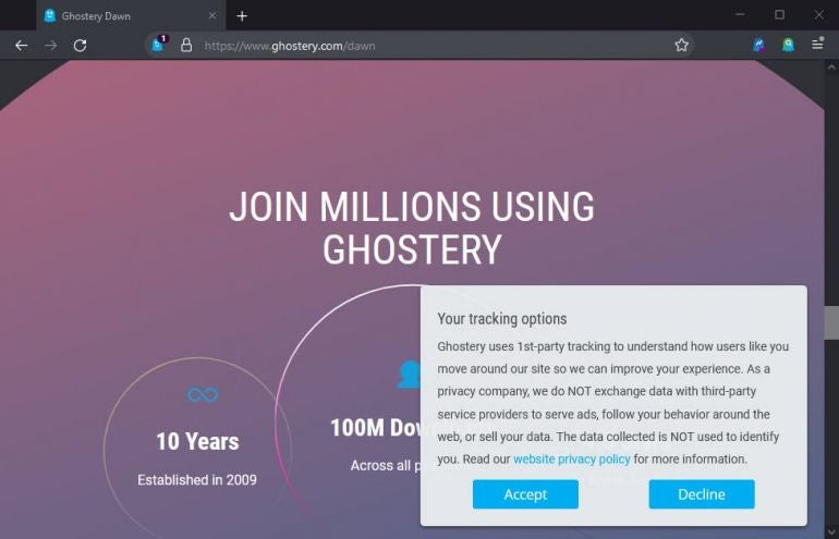 Screenshot of the intro page to Ghostery Dawn.