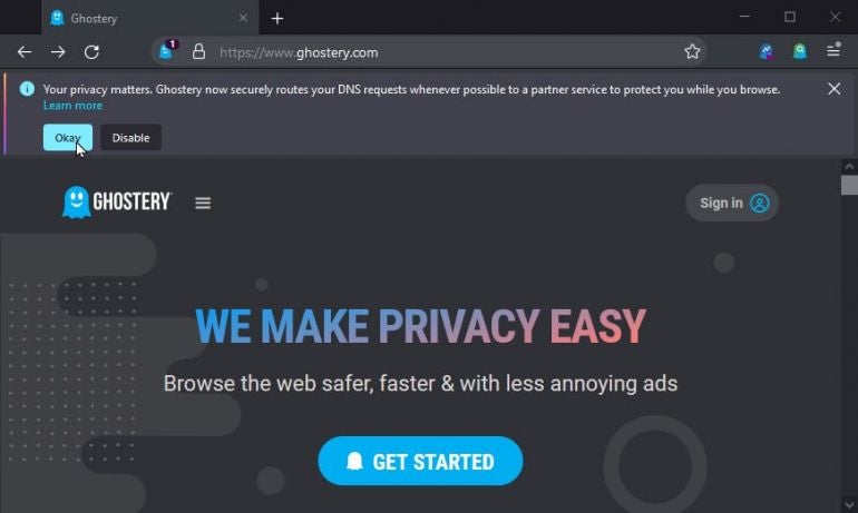 Screenshot of the Ghostery Dawn browser.