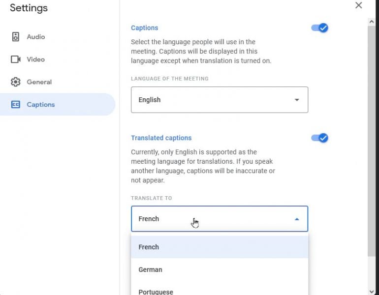 Screenshot of choosing translated captions in Google Meet.