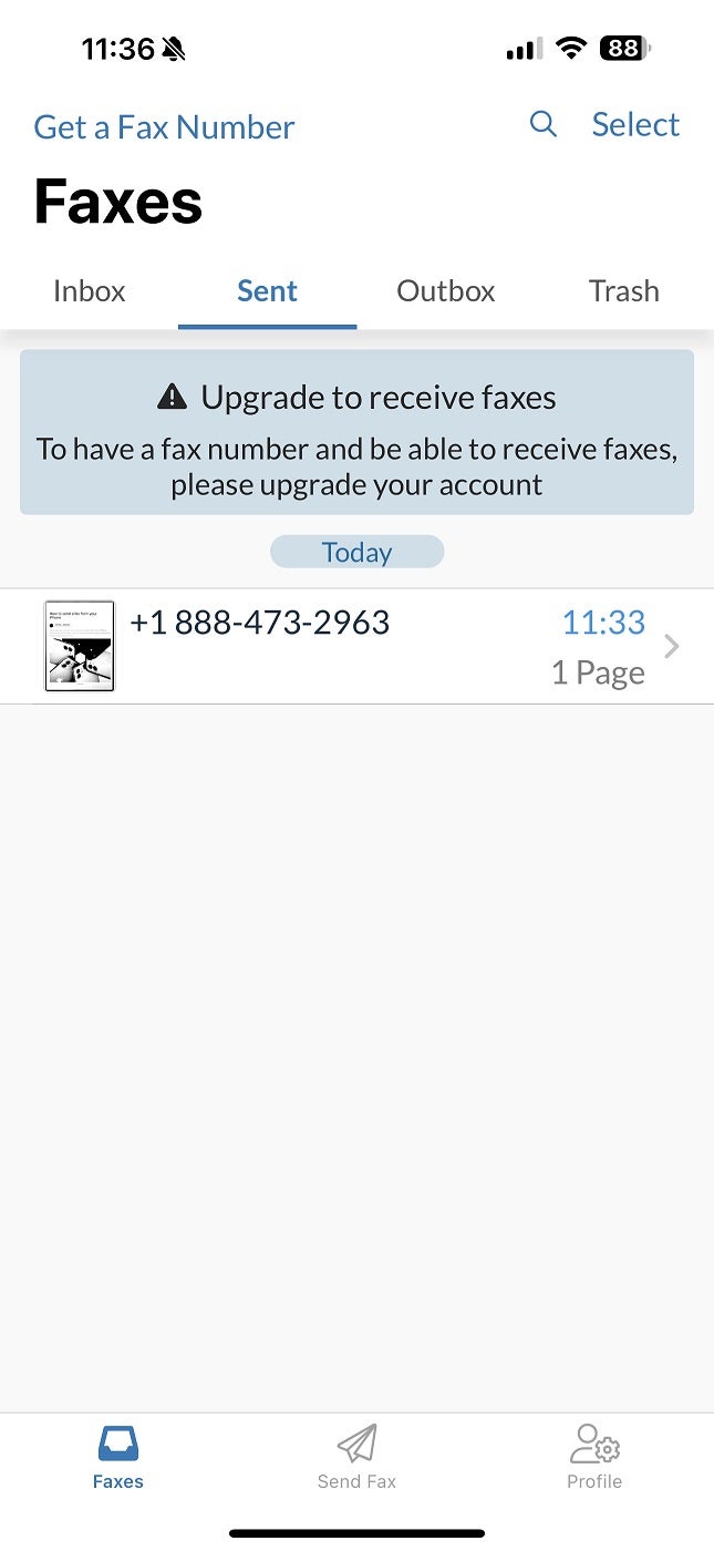 Screenshot of FAXPLUS saying FaxSent.
