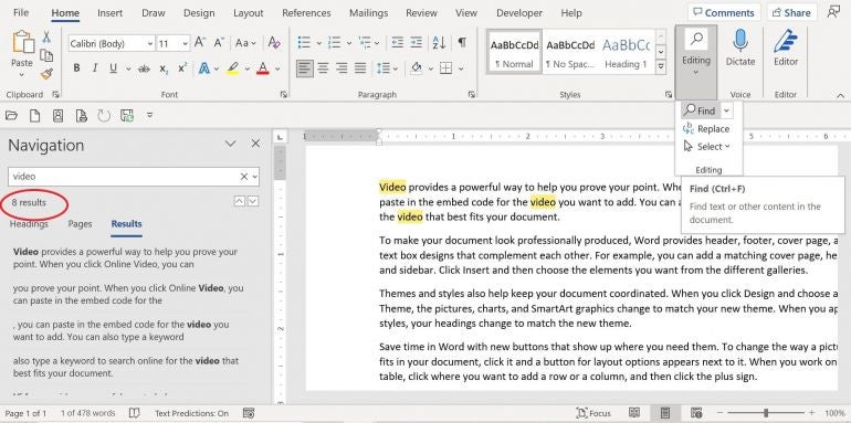Word displays the count in the Navigation pane.