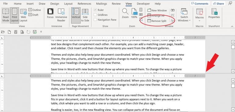 Split the Word document by clicking Split in the Window group.