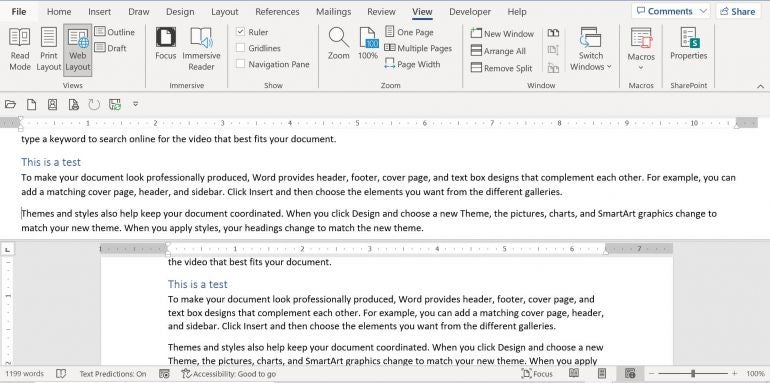 Use different views of a Word document in both panes.