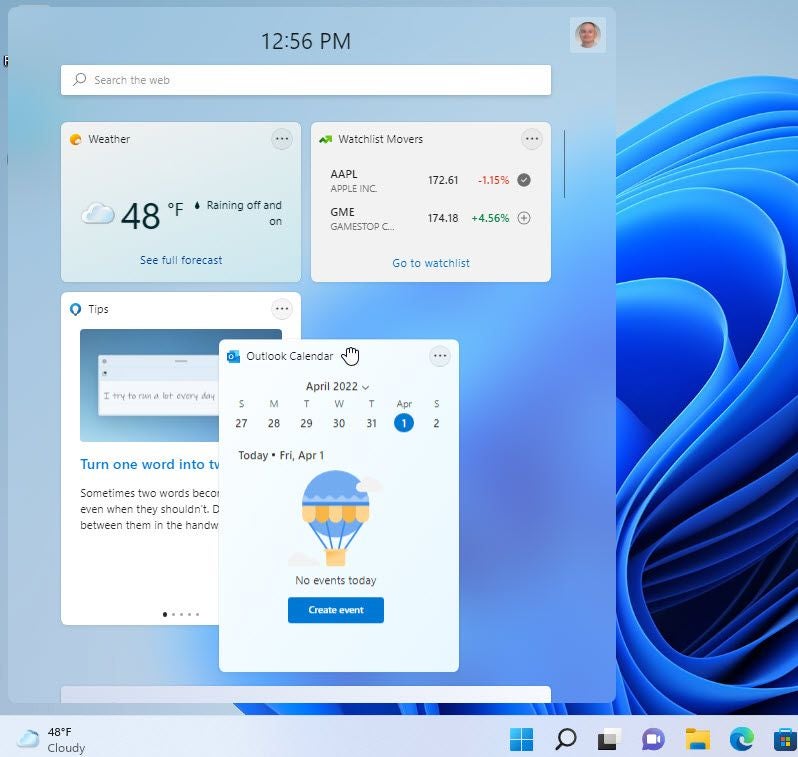 Windows 11: Organizing widgets.