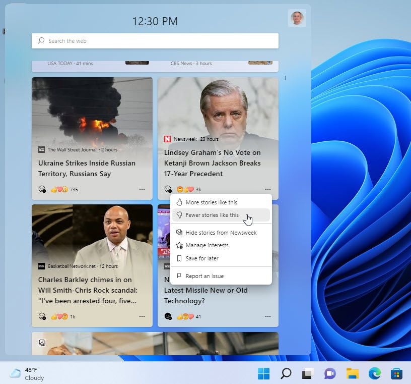 Windows 11 widgets: fine-tuning options.