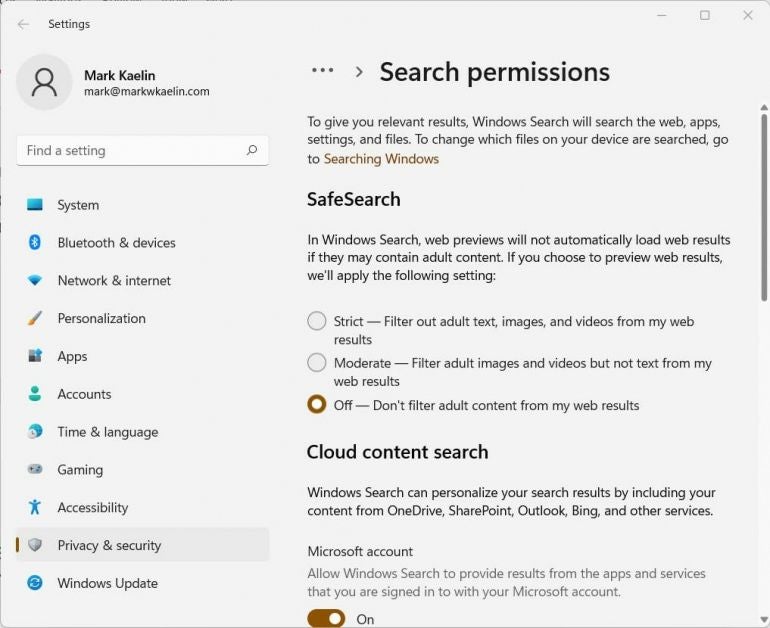 Screenshot of search settings