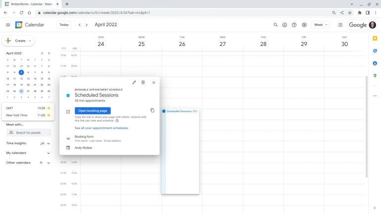 Screenshot of a bookable appointment block on April 26 from 9 am to 5 p.m., with item selected and details displayed: Session title, 30 min appointments, Open booking page button, a “See all of your appointment schedules” link.