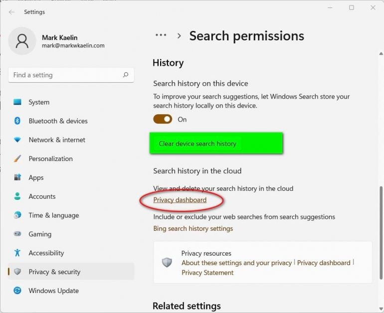 Screenshot showing the privacy dashboard