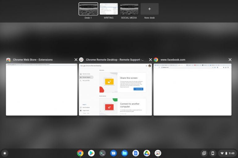 The virtual Desks overview in ChromeOS.
