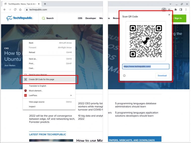 Two screenshots: (left) with Chrome open to TechRepublic.com, the right-click menu displays, with the Create QR Code for this page option circled; (right) the generated QR code displays in the upper right portion of the screen, with the URL below it along with a Download button.