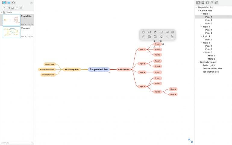 Screenshot of SimpleMind Pro mind map on macOS, with a central idea and several topics and subtopics, with added node options icons displayed (i.e., copy, cut, paste, topic properties, add image, add label, link topic, topic check boxes, set date, group border, layout, add cross link).
