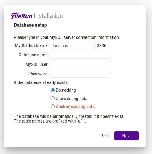 The Filerun database setup window.