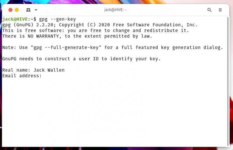 A screenshot of the login to GnuPG