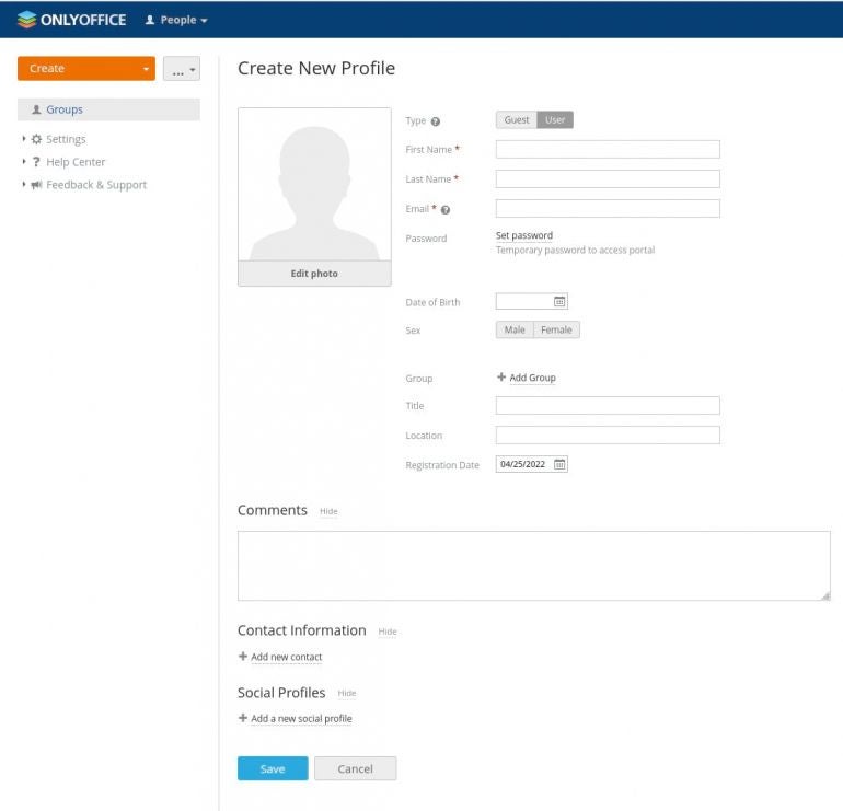 Creating a new user in ONLYOFFICE.