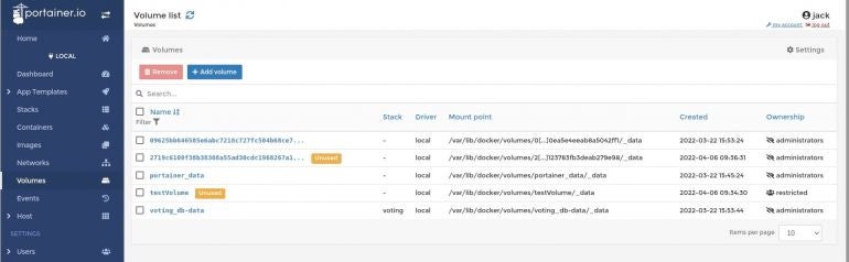 The Portainer Volumes manager window makes it easy to work with persistent storage for your containers.