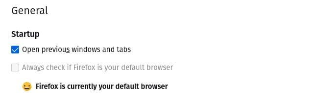 Enabling Open Previous Windows and tabs in Firefox on Pop!_OS.