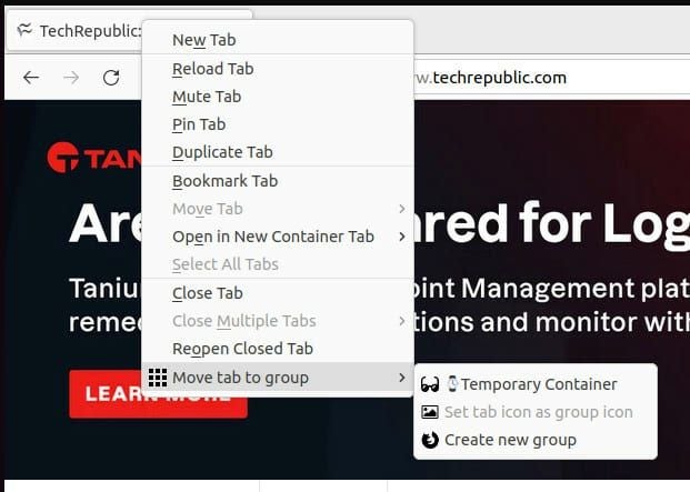 Creating a new tab group from the TechRepublic site.