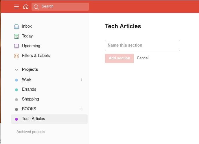 Our new Tech Articles board in Todoist.