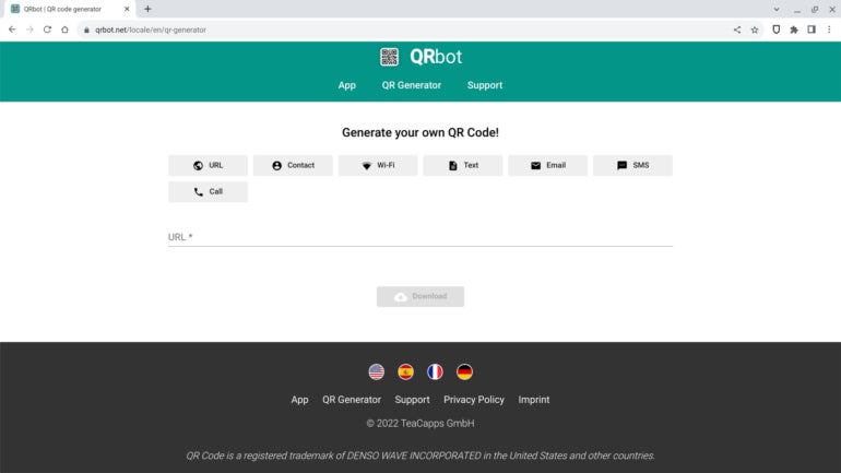 QRbot, with web, Android and iOS apps, lets you create QR codes for a variety of links and actions.