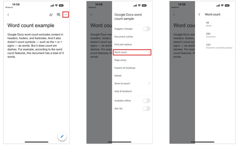 Tap the more menu (left), then Word count (middle) to display the word count (right) in the Google Docs iOS and iPadOS apps.