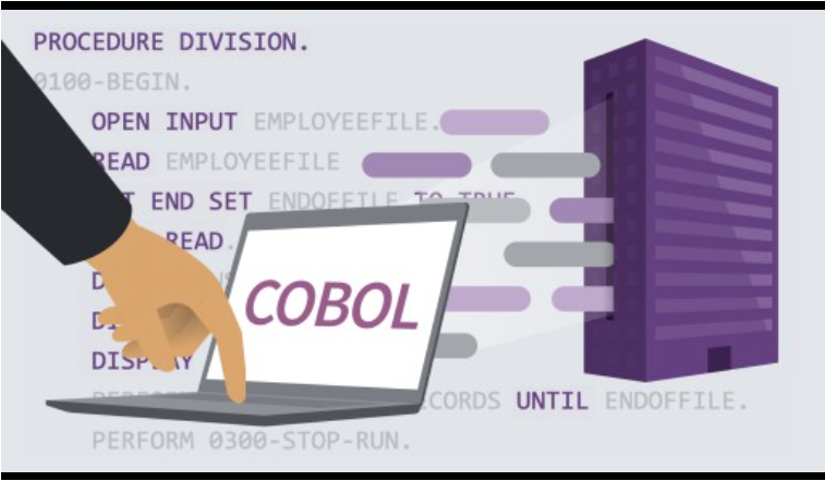 laptop with cobol programming in background linking with database