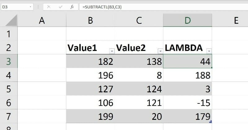 Use SUBTRACTL() function to subtract values.