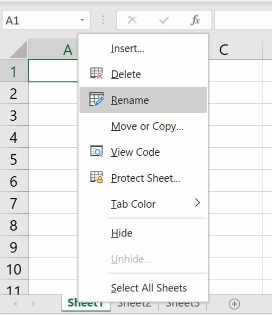 Right-click the sheet name in the tab.