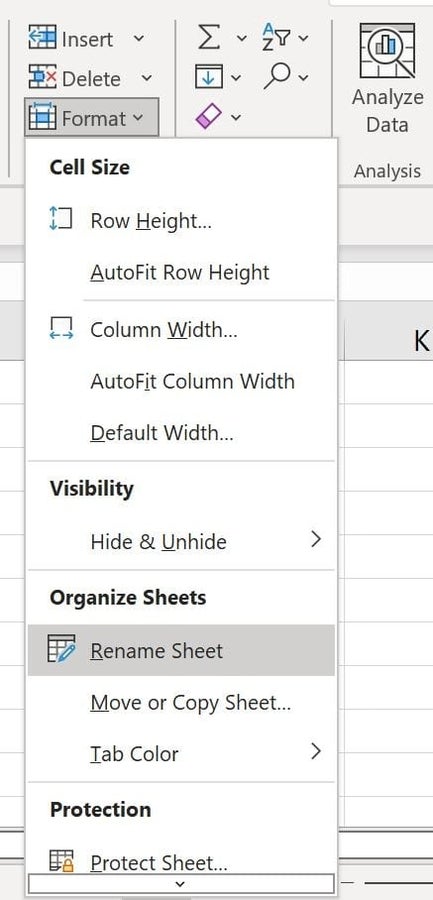 Choose Rename Sheet to rename the current sheet.
