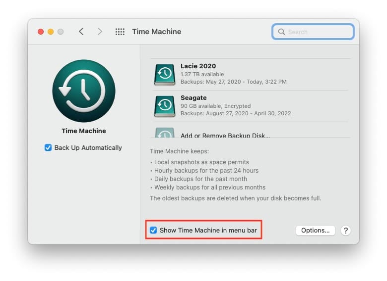 Selecting the checkbox prompts macOS to display Time Machine within the menu bar.