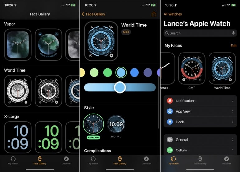 Apple Watch face gallery showing design and color options for the World Time option.
