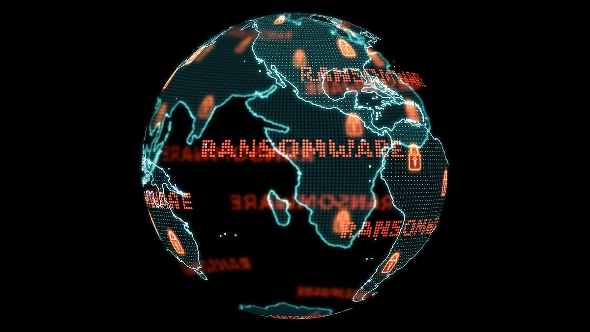 Digital globe on a black background with ransomware woven through the continents