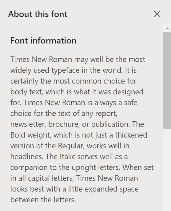 Screen shot to that shows what the learn more option for a font looks like.