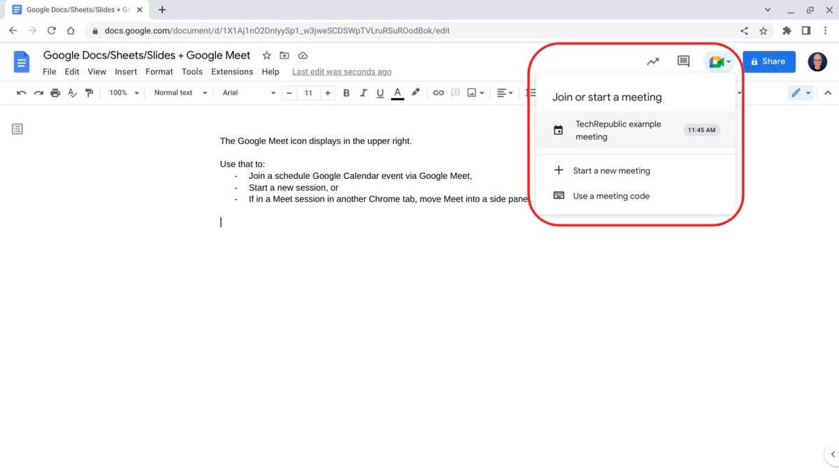 Screenshot of a Google Doc, with the Google Meet icon selected: An upcoming 11:45 AM Google Calendar meeting displays, along with “Start new meeting” and “Use meeting code options.”